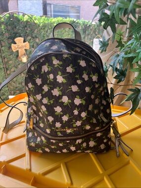 Michael Kors Black Floral Mini Backpack with Pink & Green Accents